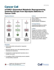 Cancer Cell-2016-mTORC1-Dependent Metabolic Reprogramming Underlies Escape from Glycolysis Addiction in Cancer Cells