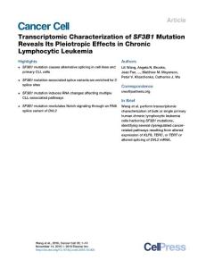 Cancer Cell-2016-Transcriptomic Characterization of SF3B1 Mutation Reveals Its Pleiotropic Effects in Chronic Lymphocytic Leukemia