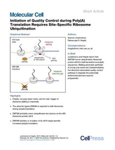 Molecular Cell-2017-Initiation of Quality Control during Poly(A) Translation Requires Site-Specific Ribosome ubiquintination