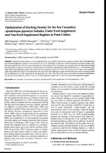 Optimization of Stocking Density for the Sea Cucumber, Apostichopusjaponicus Selenka, Under Feed-Supplement and Non-Feed-Supplement Regimes in Pond Culture