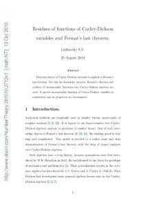 201010.2712v1 Residues of functions of Cayley-Dickson variables and Fermat´s last theorem