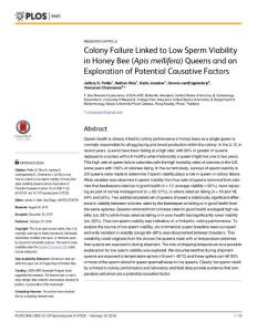 colony failure linked to low sperm viability in honey bee (apis mellifera) queens and an exploration of potential causat.在蜜蜂殖民地失败导致精子活力低(蜜蜂)皇后和一个探索潜在的诱
