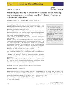 effects of gum chewing on abdominal discomfort, nausea, vomiting and intake adherence to polyethylene glycol solution of.嚼口香糖对腹部不适、恶心、呕吐和摄入坚持聚乙二醇溶液在结肠镜