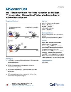 Molecular Cell-2017-BET Bromodomain Proteins Function as Master Transcription Elongation Factors Independent of CDK9 Recruitment