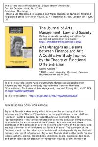 arts managers as liaisons between finance and art a qualitative study inspired by the theory of functional differentiation