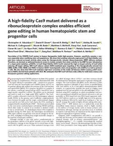 nm.2018-A high-fidelity Cas9 mutant delivered as a ribonucleoprotein complex enables efficient gene editing in human hematopoietic stem and progenitor cells