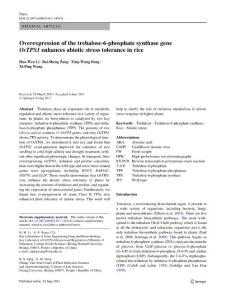【OsTPS1】Overexpression of the trehalose-6-phosphate synthase gene OsTPS1 enhances abiotic stress tolerance in rice