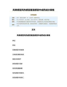 风寒感冒风热感冒暑湿感冒中成药成分表格（儿科学资料）