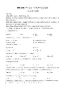 山東省青島市2025-2026學年七年級上學期測數學期中測試卷 (含選填答案)
