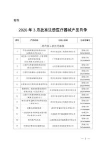 2026年3月批準注冊醫療器械產品目錄