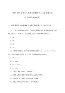 山東省泰安市物理高二上學期期末試卷與參考答案(2024-2025學年)