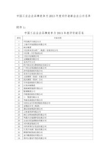 中国工业企业品牌竞争力2013年度评价表彰企业公示名单